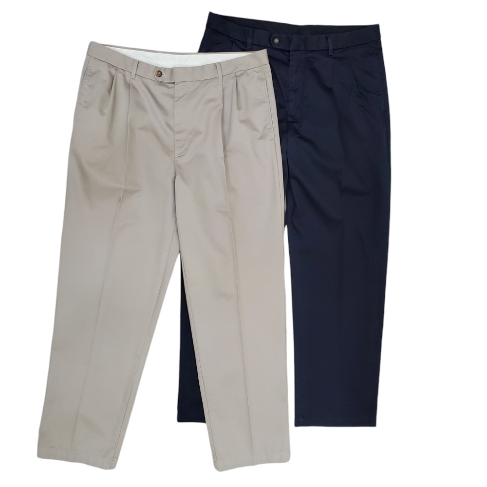 Gary Player Chino pants 2-pair men's 38x32 beige navy blue pleated cotton twill